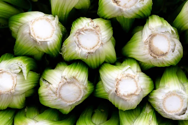 Stack Fresh Celery Heads Apium Graveolens Sale Market — Stock Photo, Image