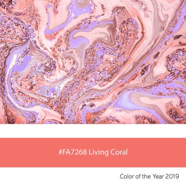 Hand marbled paper as an example of the trend colour of the year 2019, Living Coral, with corresponding colour hex code.  clipart