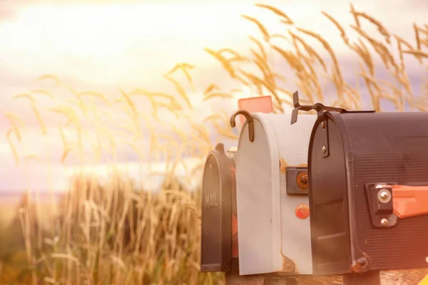 Retro Mail Boxes Long Grass Background Filtered Look Faded Photo — Stock Photo, Image