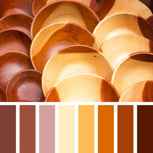 Carved Natural Wood Bowls Colour Palette Complimentary Colour Swatches — Stock Photo, Image