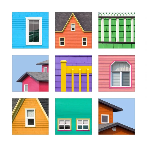 马格达伦群岛五颜六色的房屋细节拼贴 或加拿大的 Les Iles Madeleine 传统的房屋是用鲜艳的色调涂成木头或带状疱疹的 — 图库照片