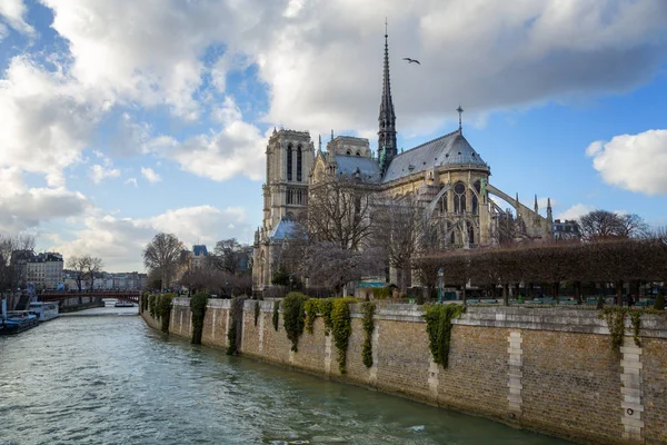 Katedrála Notre Dame Paříži Pohled Jaro Zadní Elevace Věž Zadním — Stock fotografie