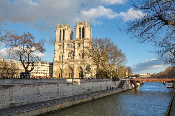 프랑스 2015년 프랑스 파리의 노트르담 대성당 강에서 유명한 양식의 정면입니다 — 스톡 사진