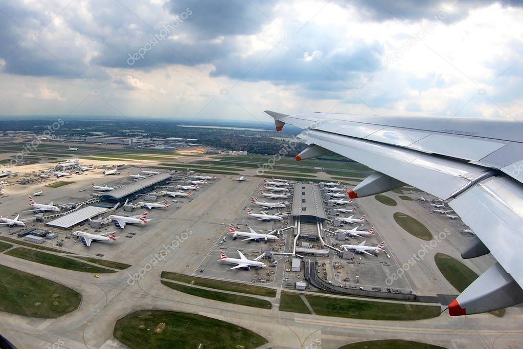 London, UK - 20th May 2019: London Heathrow Terminal 5, the home of British Airways. Looking down on the runways and bays of BA planes. Strike action may cause them to be grounded during summer 2019.