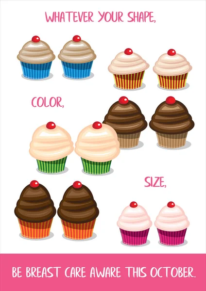 Emlőgondozás Tudatosság Plakát Featuring Cupcakes Hogy Képviselje Mell Nők Különböző — Stock Vector