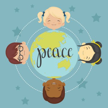 Çocuklar gülüyor. Milliyet çeşitliliği. Dünyada mutlu çocuklar. Vektör çizim