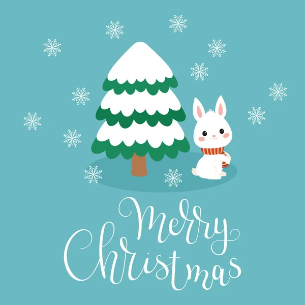 Noel Ağacının Altında Şirin Küçük Tavşan Mutlu Noeller Yazı Vektör — Stok Vektör