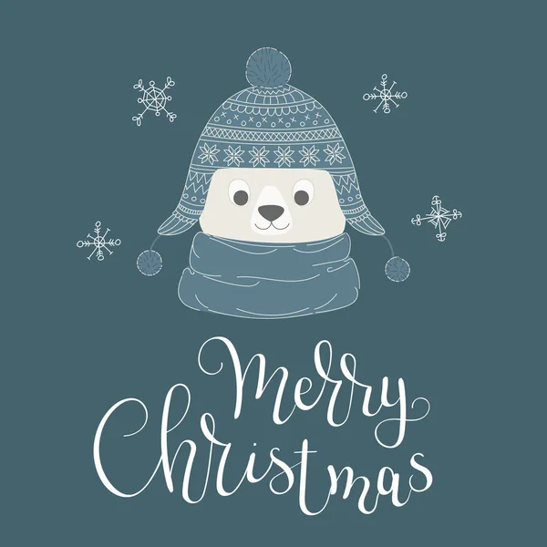Elle Çizilmiş Kutup Ayısı Bir Sıcak Atkı Şapka Mutlu Noeller — Stok Vektör