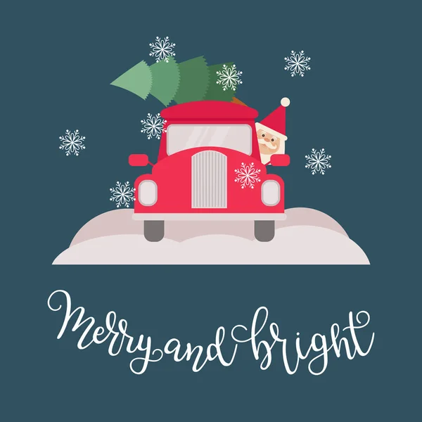 Santa Claus Besturen Van Rode Auto Met Kerstboom Merry Bright — Stockvector