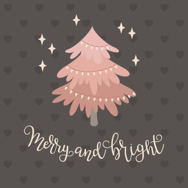 Noel ışıkları ile Noel ağacı. Merry ve parlak yazı ver. Vektör çizim