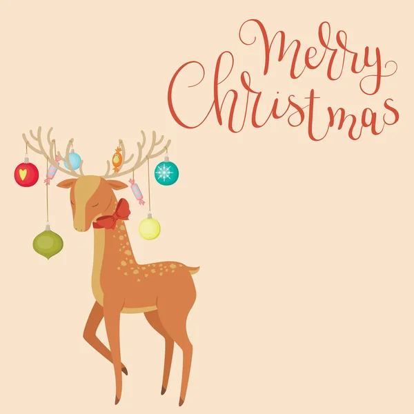 Hert Met Kerst Ornamenten Horens Merry Christmas Hand Belettering Vectorillustratie — Stockvector