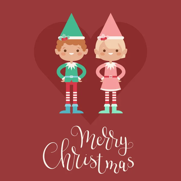 Christmas Elves Jongen Meisje Merry Christmas Hand Belettering Vectorillustratie — Stockvector