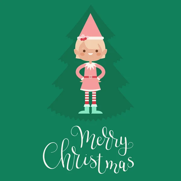 Christmas Elf Girl Pink Dress Staying Alone Merry Christmas Hand — Stock Vector