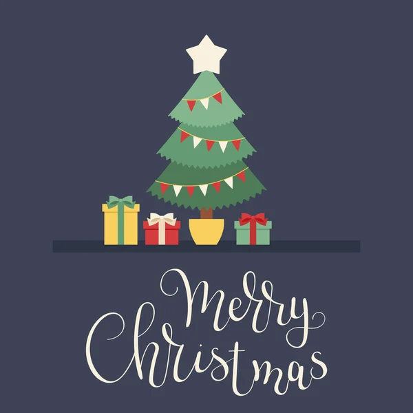 Vánoční Strom Vánoční Dárky Veselé Vánoce Ruční Písmo Vektorové Ilustrace — Stockový vektor