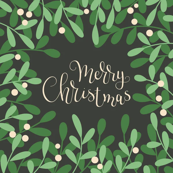 Merry Christmas Hand Belettering Binnen Groene Bladeren Witte Bessen Wenskaartsjabloon — Stockvector