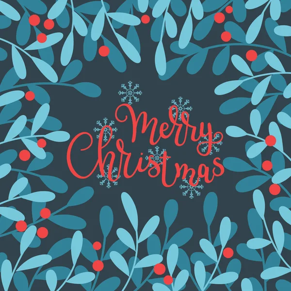 Merry Christmas Hand Belettering Binnen Blauwe Bladeren Rode Bessen Wenskaartsjabloon — Stockvector