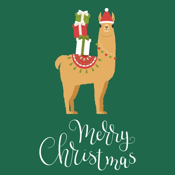 Llama Marrón Sombrero Invierno Con Regalos Navidad Feliz Navidad Letras — Vector de stock