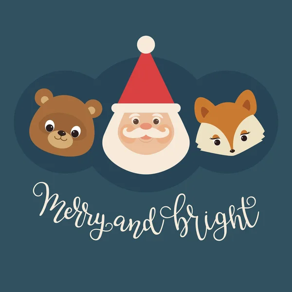 Santa Claus Oso Zorro Letras Mano Alegre Brillante Ilustración Vectorial — Archivo Imágenes Vectoriales