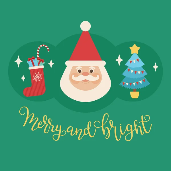 Hoofd Van Kerstman Met Kerstboom Christmas Stocking Merry Bright Hand — Stockvector