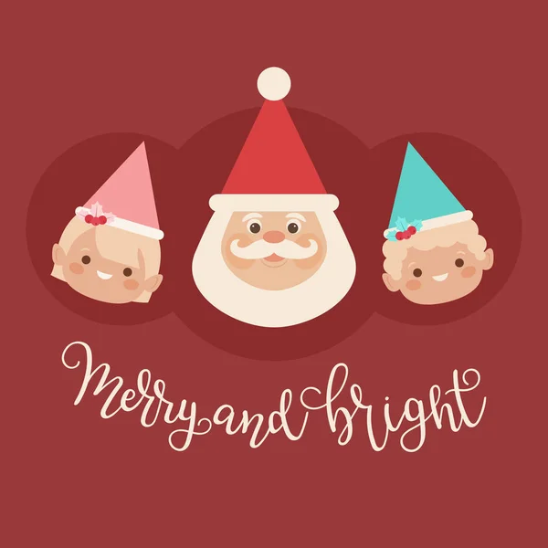 Hoofd Van Kerstman Met Twee Elfen Jongen Meisje Merry Bright — Stockvector