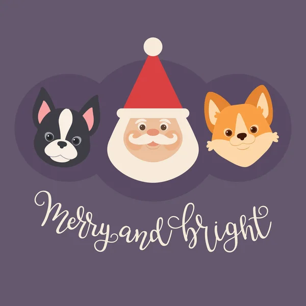 Santa Claus Con Dos Cachorros Corgi Galés Boston Terrier Letras — Archivo Imágenes Vectoriales