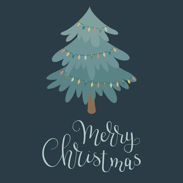 Weihnachtsbaum Mit Weihnachtsbeleuchtung Frohe Weihnachten Hand Schriftzug Vektorillustration — Stockvektor