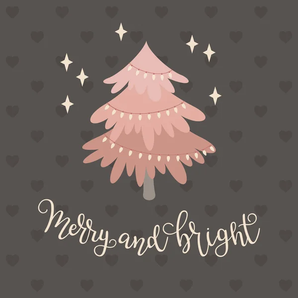 Kerstboom Met Kerstverlichting Merry Bright Hand Belettering Vectorillustratie — Stockvector