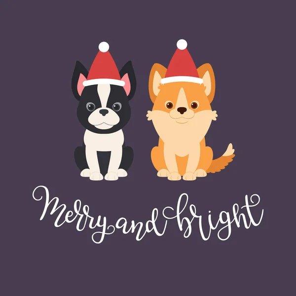 Boston Terrier Galês Filhotes Corgi Chapéus Natal Letras Alegres Brilhantes — Vetor de Stock