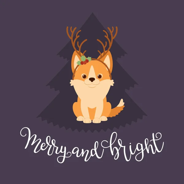 Szczeniak Welsh Corgi Noszenie Opaski Rogi Jelenia Merry Jasne Strony — Wektor stockowy