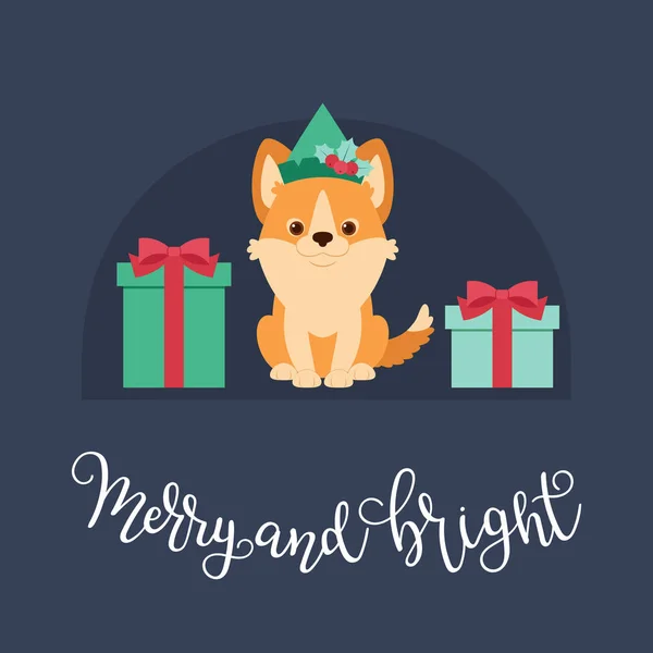 Cachorro Corgi Galés Sombrero Elfo Con Cajas Regalo Letras Mano — Vector de stock