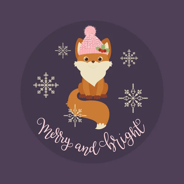 Cute Fox Winter Hat Merry Bright Hand Lettering Vector Illustration — Stock Vector