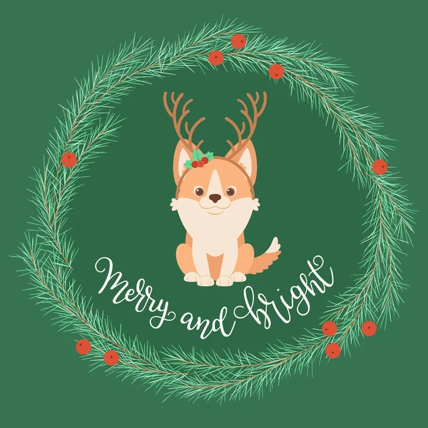 Welsh Corgi Puppy Wearing Deer Horns Headband Christmas Wreath Merry — Stock Vector