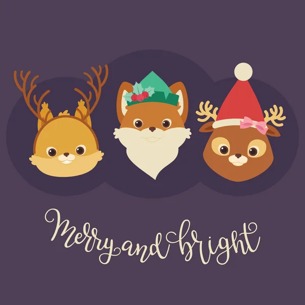 Forest or woodland animals (squirrel, fox, deer) in Christmas themed hats and headbands. Merry and Bright hand lettering. Vector illustration