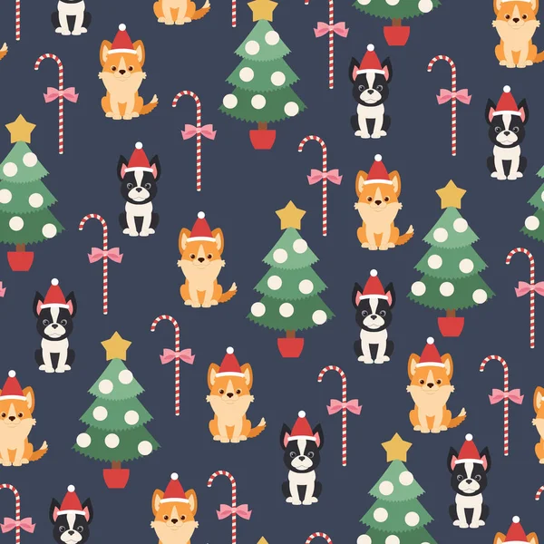 Boston Terrier Welsh Corgi Puppies Christmas Tree Candy Cane Vector — Stock Vector