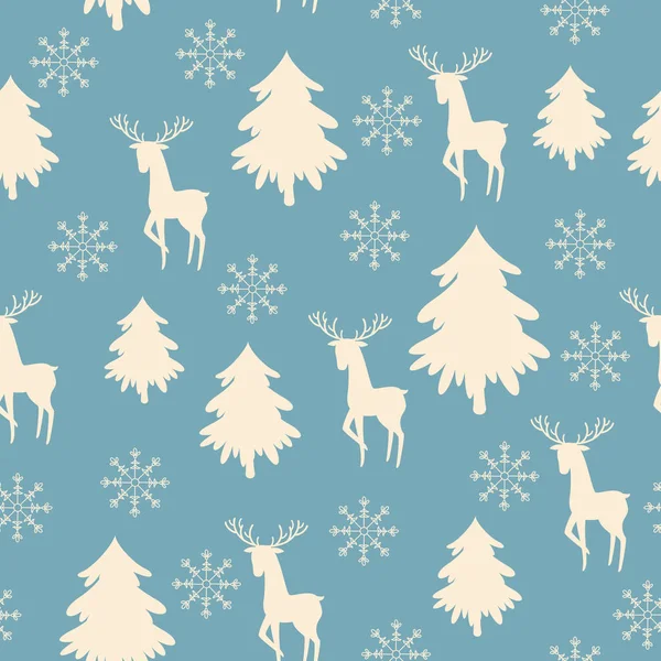 White Deer Snowflake Christmas Tree Silhouettes Blue Background Vector Seamless — Stock Vector