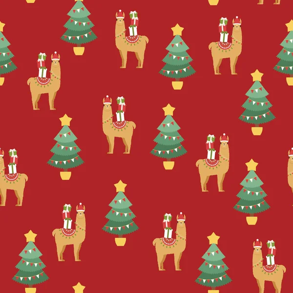 Llama Con Sombrero Papá Noel Con Cajas Regalo Navidad Árbol — Vector de stock