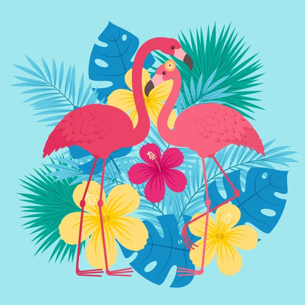 Twee Flamingo Liefde Voor Tropische Bladeren Bloemen Romantische Valentijnsdag Dag — Stockvector