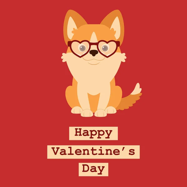 心に幸せなコーギー子犬型メガネ ロマンチックなバレンタインの日のグリーティング カード テンプレート — ストックベクタ