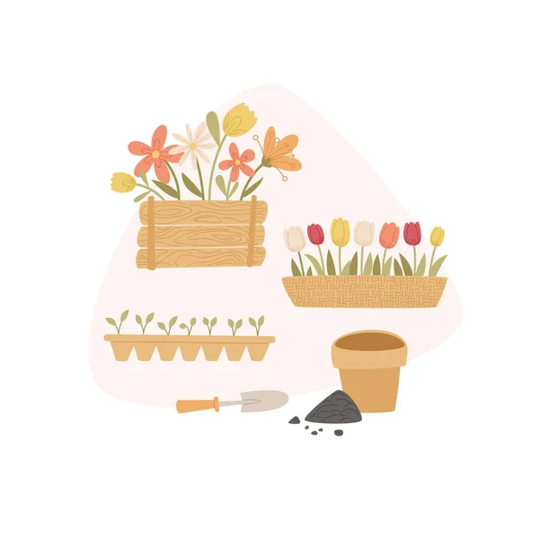 Spring Gardening Concept Cartoon Handdrawn Style Vector Illustration — Stock Vector