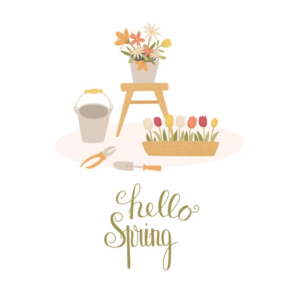 Conceito Jardinagem Primavera Olá Spring Handlettering Desenhos Animados Estilo Desenhado —  Vetores de Stock