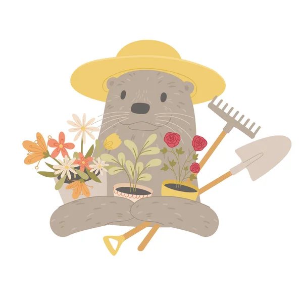 水园丁拿着鲜花和园艺工具 春季或夏季概念 卡通手绘风格 向量例证 — 图库矢量图片