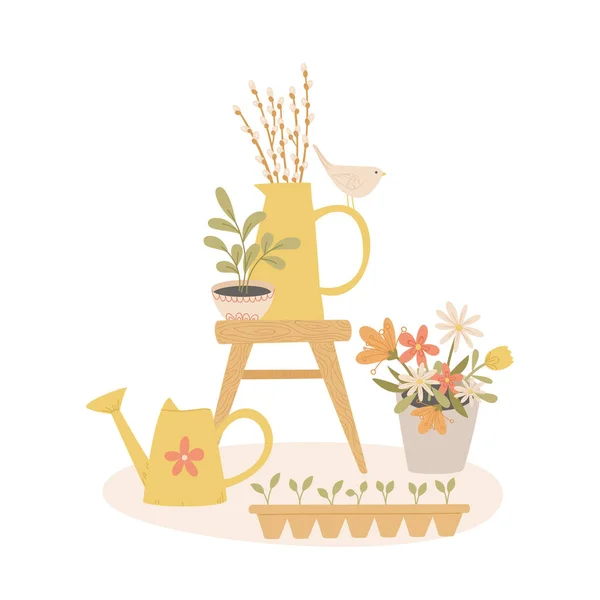 Spring Gardening Concept Cartoon Handdrawn Style Vector Illustration — Stock Vector
