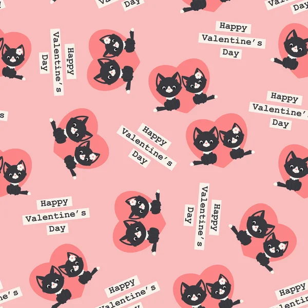 Two Black Cats Kittens Love Valentine Day Vector Seamless Pattern — Stock Vector