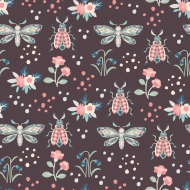 Kağıt böcekler ve çiçekler kesip. Vektör Dikişsiz desen