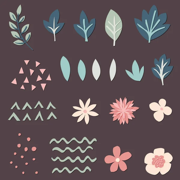 Cut out paper flowers, leaves and decor elements — Stock Vector
