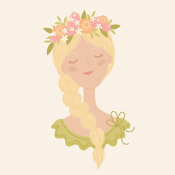 Jeune fille blanche romantique dans une couronne florale . — Image vectorielle