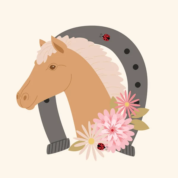 Brown horse portrait in a horseshoe with flowers — Stock Vector