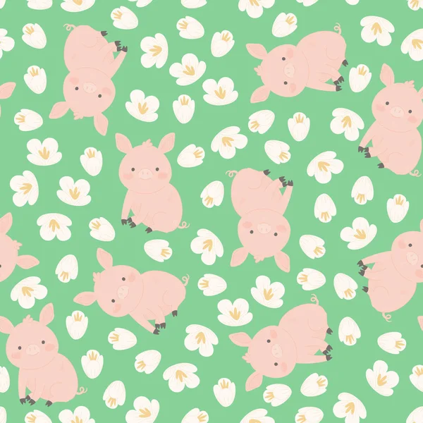 Little pig floral vector seamless pattern — Stock Vector