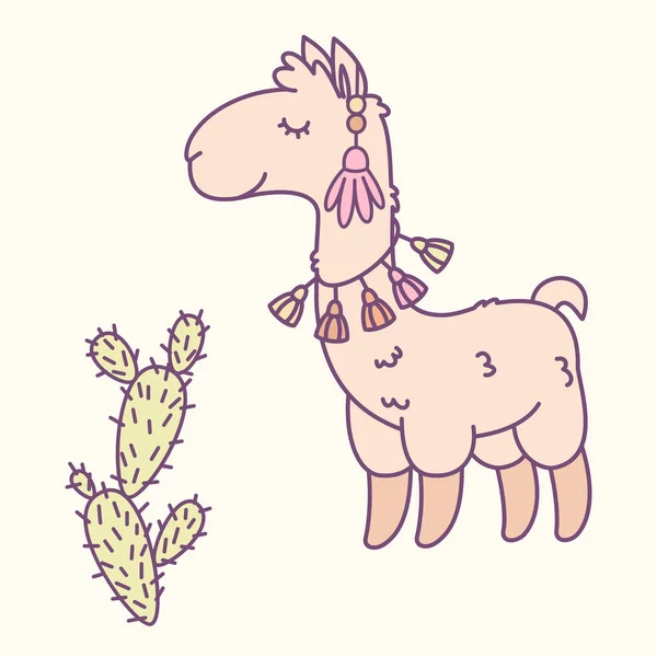 Llama e cacto desenho animado ilustração. Ilustração vetorial —  Vetores de Stock