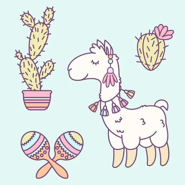 Lama, maracas e cactus illustrazione cartone animato . — Vettoriale Stock
